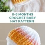 text 0-6 months crochet baby hat pattern and two images of crochet baby hat