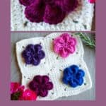 text crochet flowers square free pattern close up of flower motif above crochet square with four flowers in different colors