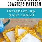 four square crochet coasters white with yellow shell borders