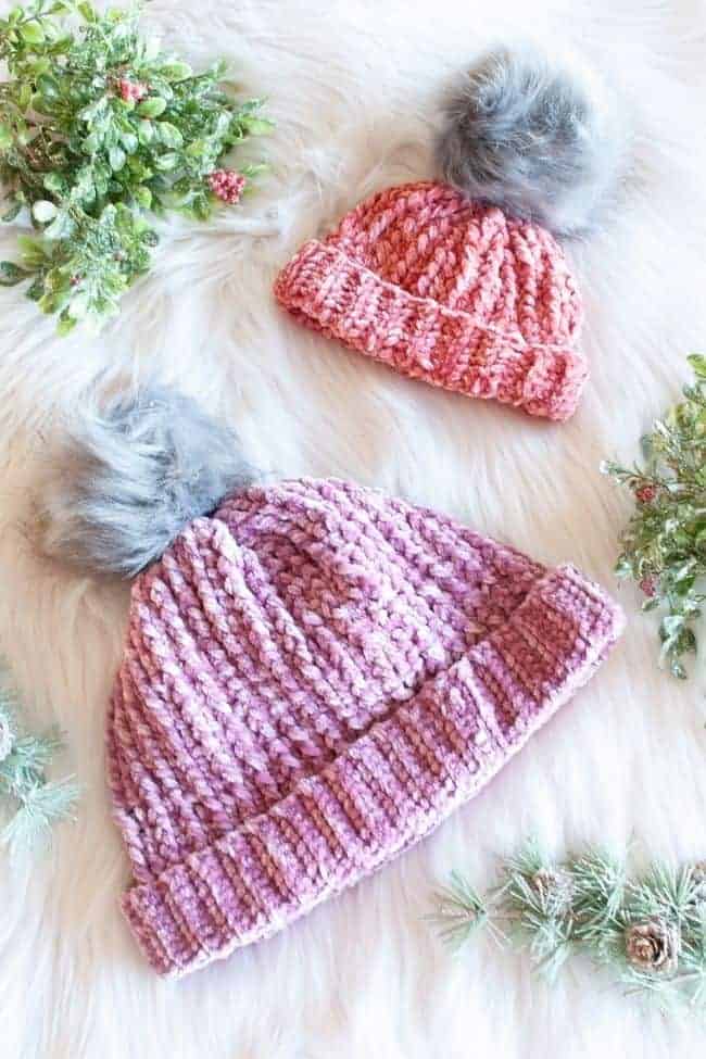 Two Velvet Yarn Crochet Hats with Pom Poms
