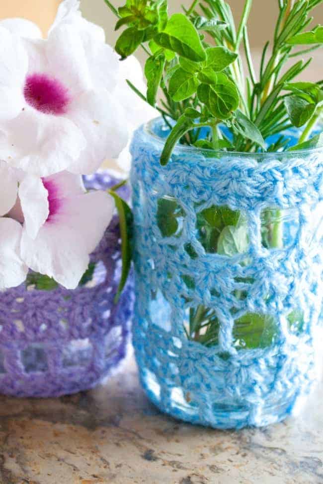close up of light blue and purple crochet mason jar covers over jars holding flowers and plants
