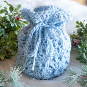 blue small crochet gift bag with greenery