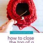 text how to close the top of a crochet hat under photo of top of hat and tapestry needle being inserted under a stitch