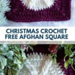 text christmas crochet free afghan square and two images of square of textured snowflake surrounded by smooth dark red crochet
