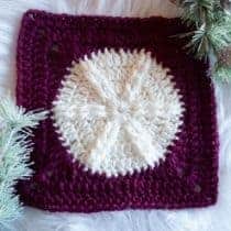 crochet afghan square showing textured snowflake surrounded by dark red smooth crochet