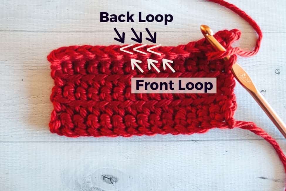 swatch of single crochet front loop only fabric with top edge turned up and back and front loops labeled