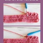text stating crossed double crochet stitch step by step tutorial and images of two steps