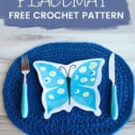 blue crochet oval placemat with blue fork knife and buttefly plate on top and text reading crochet oval placemat free crochet pattern