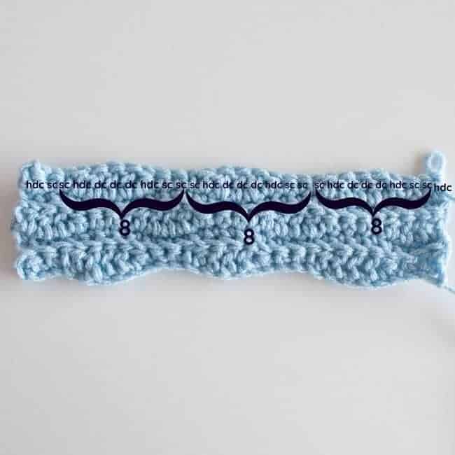 crochet stitch multiple of 8 shown on a swatch with ripple stitches