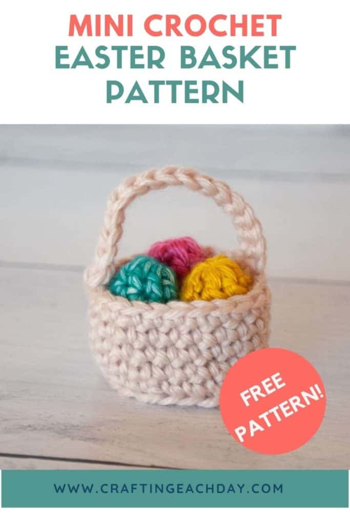 mini crochet easter basket holding three mini crochet easter eggs and text reading mini crochet easter basket pattern and free pattern