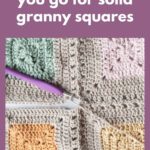 text reading continous join as you go for solid granny squares and close up of four granny squares being joined