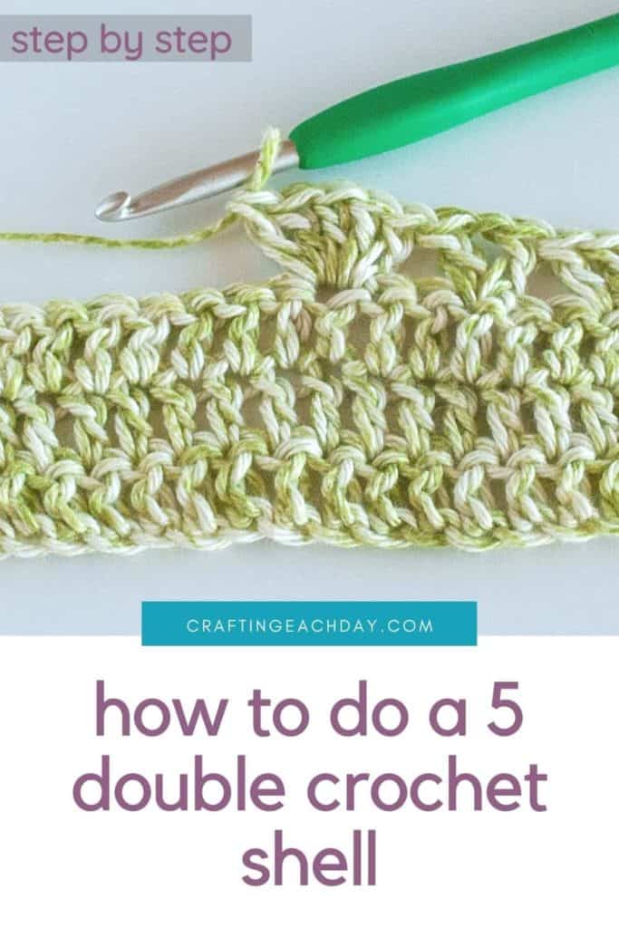 completed shell stitch with text reading how to do a 5 double crochet shell