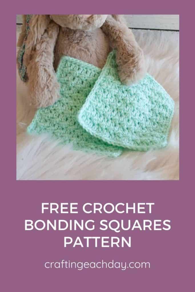 close up of stuffed bunny holding two bonding squares with text reading free crochet bonding squares pattern