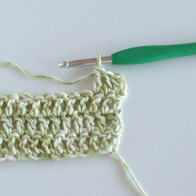 view of stacked double crochet next to two regular double crochet stitches