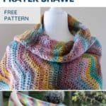text reading ripple crochet prayer shawl free pattern plus close up view of neckline and view of back of shawl