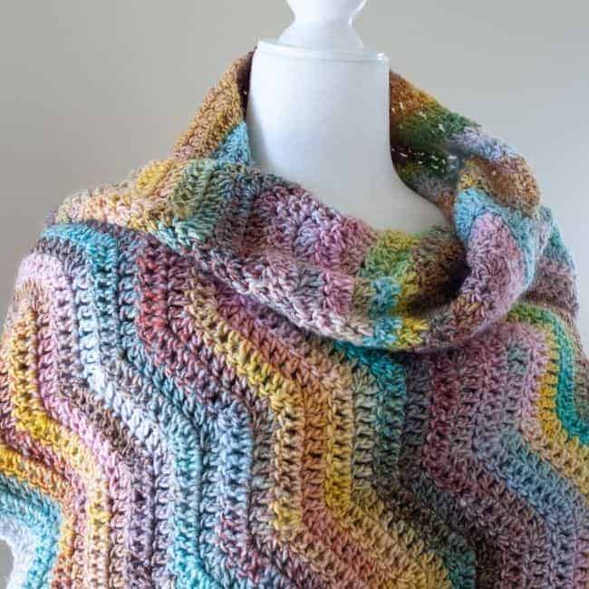 close up of neckline of ripple crochet prayer shawl