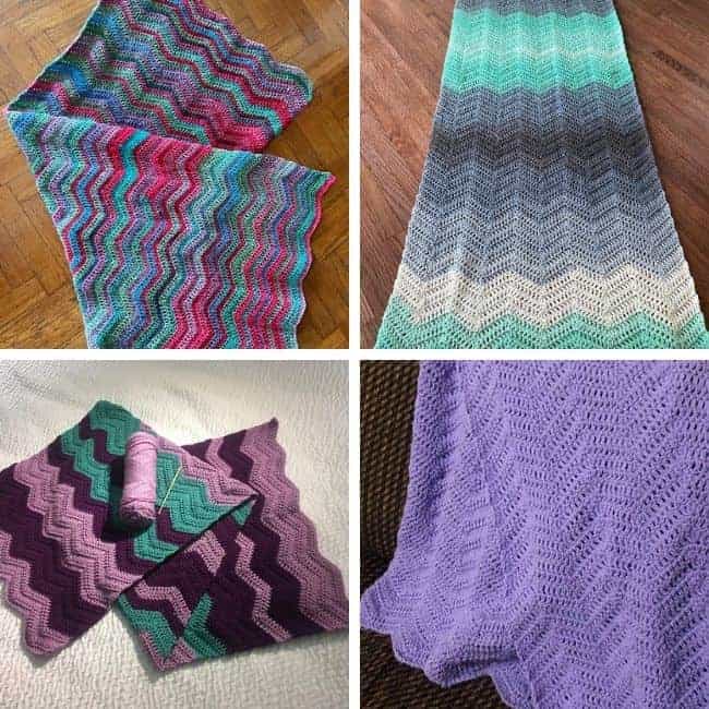 four versions of the crochet ripple prayer shawl in different colors