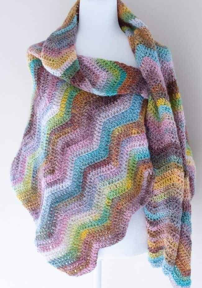 ripple crochet shawl on a mannequin