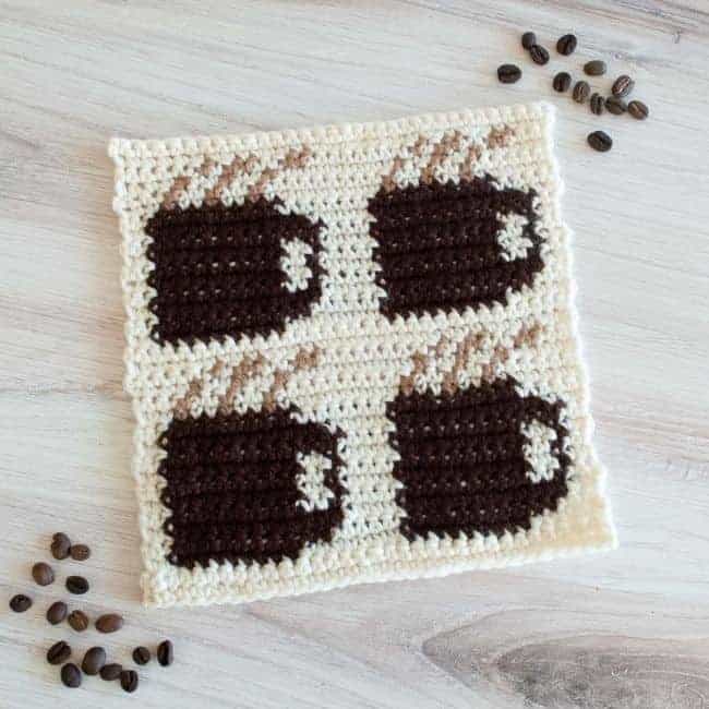 coffee mug crochet square with some coffee beans