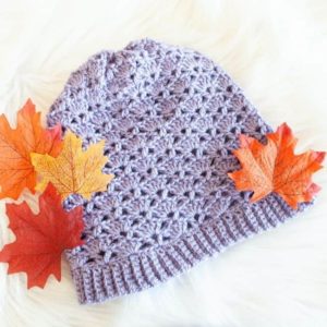 shell stitch crochet hat with autumn leaves