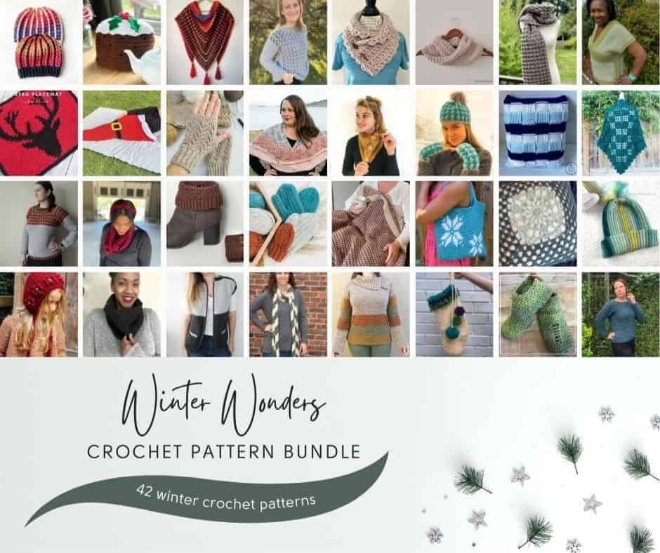 small photos of crochet designs and text reading winter wonders crochet pattern bundle 42 winter crochet patterns
