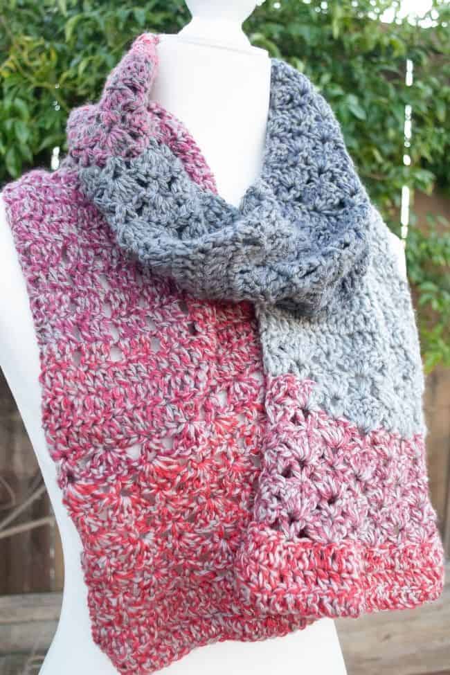 one skein crochet scarf on a mannequin