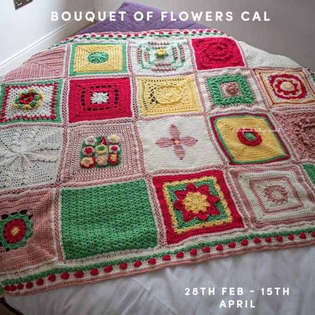 blanket made up of flowers squares and text reading bouquet of flowers cal 28th feb - 15th april