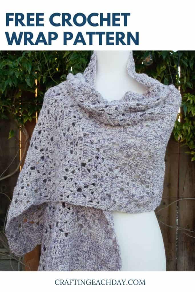 text reading free crochet wrap pattern and lacy wrap on a mannequin