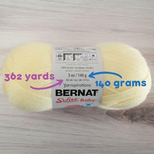 ball of yarn showing 362 yards and 140 grams