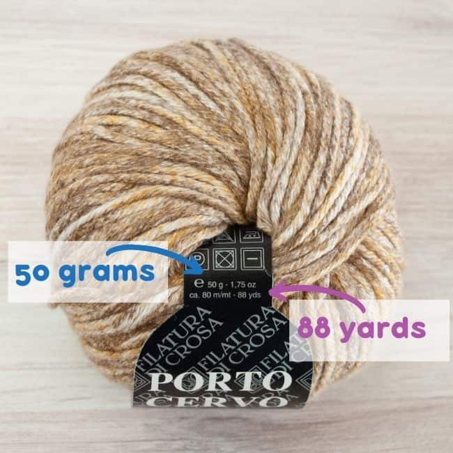 ball of yarn showing 88 yards in 50 grams of yarn