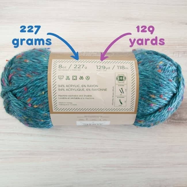 ball of yarn with 227 grams and 129 yards