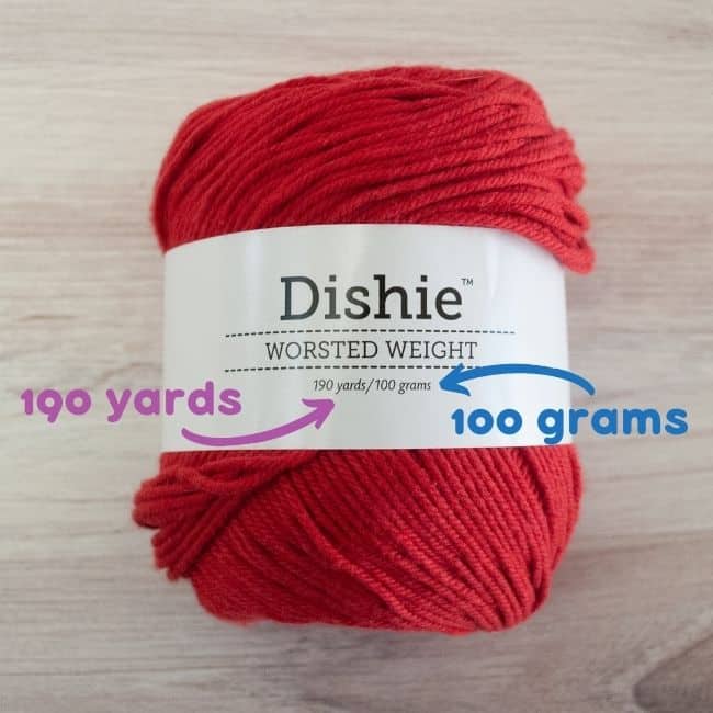 ball of Dishie yarn showing 190 yards in 100 grams of yarn