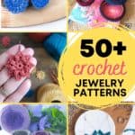 text reading 50 plus crochet jewelry patterns and 5 pictures of crochet jewelry including earrings and bracelets