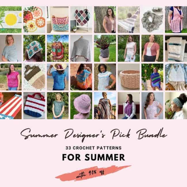 collage of patterns in bundle and text reading Summer Designers Pick Bundle 33 crochet pattern for summer