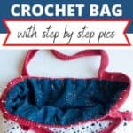 text reading how to line a crochet bag with step by step pics and image of crochet bag with fabric lining pinned inside