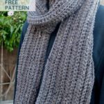 text reading mens crochet scarf free pattern and scarf worn with one wrap