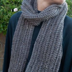 mens ribbed crochet scarf worn wrapped once