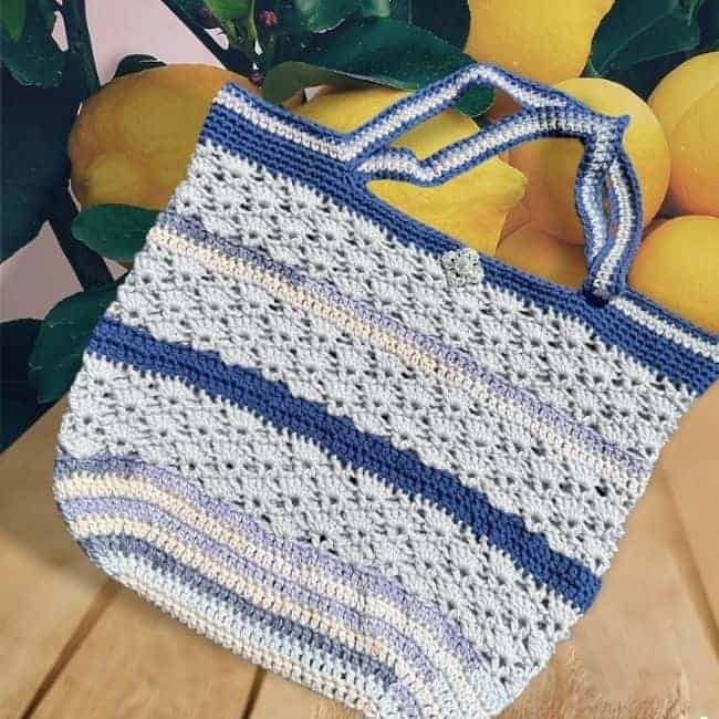 crochet market bag in blue and white