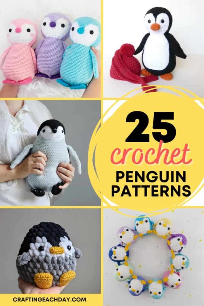 5 different penguin amigurumi designs and text reading 25 crochet penguin patterns