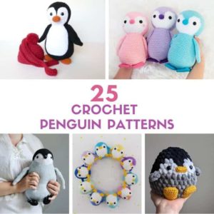 text reading 25 crochet penguin patterns and five kinds of amigurumi penguins