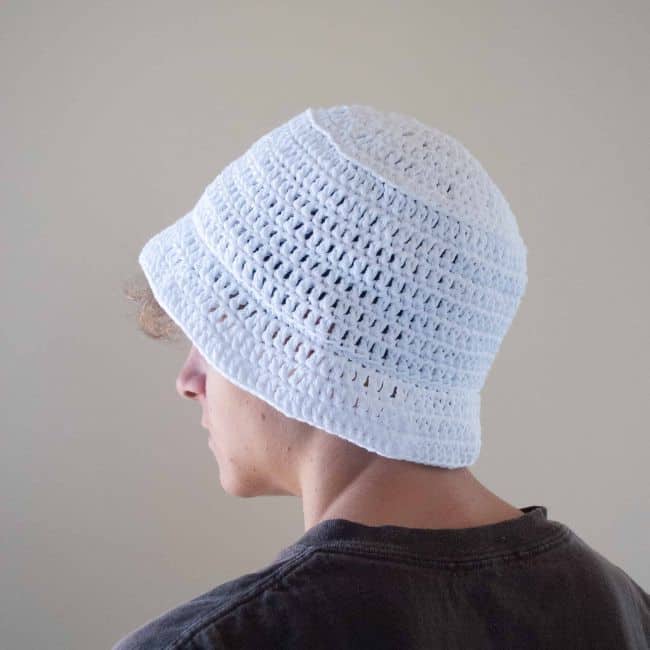 white crochet bucket hat side view