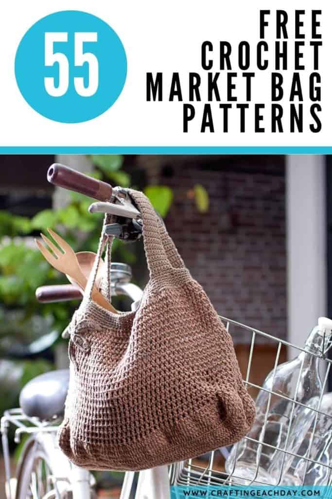 crochet market bag hanging on a bicycle and text reading 55 free crochet market bag patterns