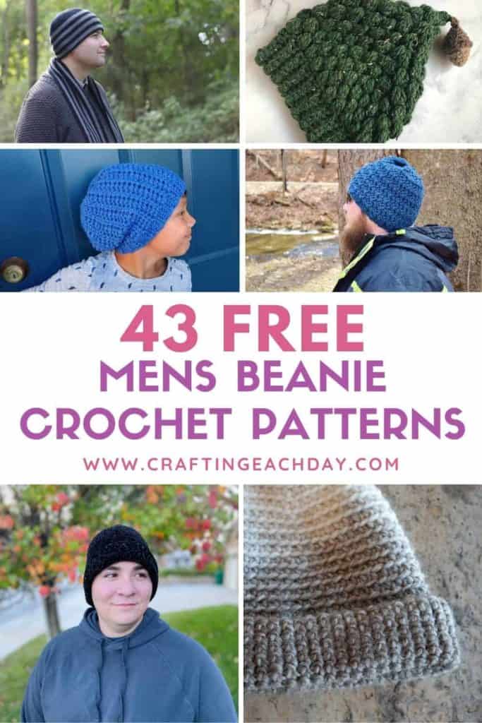 six men crochet beanies and text reading 43 free mens beanie crochet patterns
