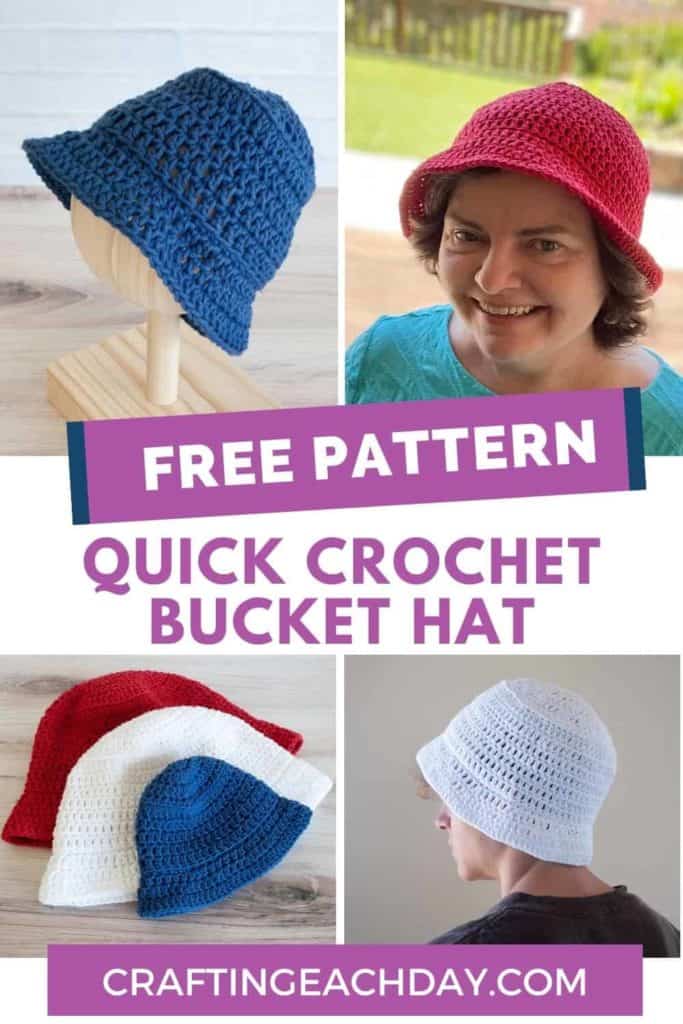 text reading free pattern quick crochet bucket hat and four photos of bucket hats in various sizes