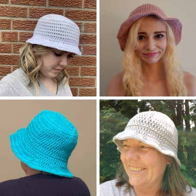 four adults wearing crochet bucket hats