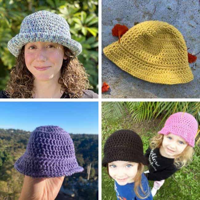 four views of crochet bucket hats one adult and three baby and child sizes