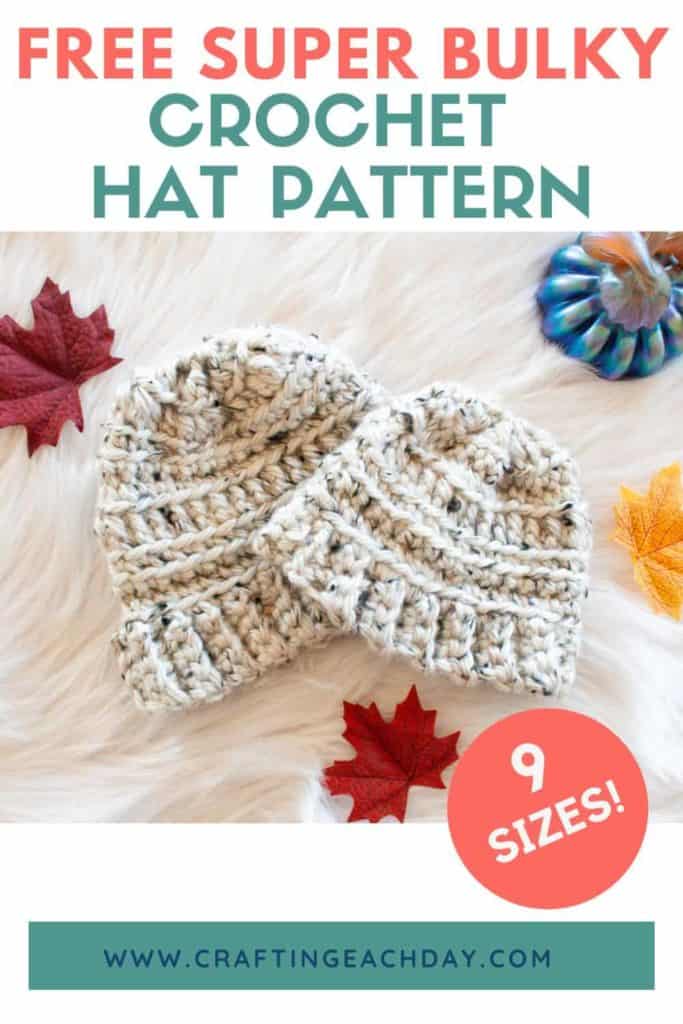 two super bulky crochet hats and text reading free super bulky crochet hat pattern