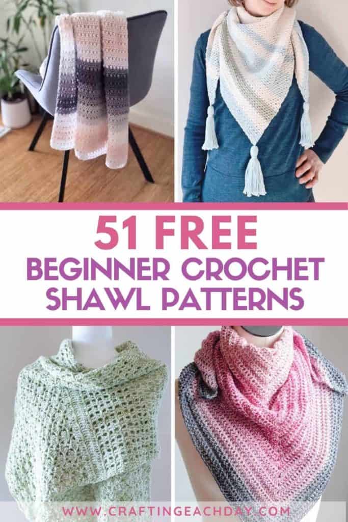 two rectangular crochet shawls and two triangular crochet shawls with text reading 51 free beginner crochet shawl patterns