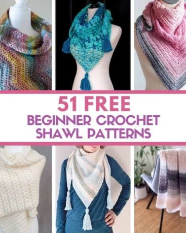 three rectangular crochet shawls and three crochet triangle shawls with text reading 49 free beginner crochet shawl patterns