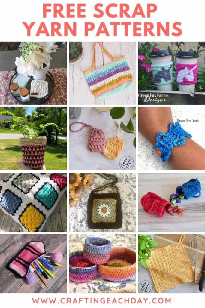 text reading free scrap yarn patterns and photos of 12 different projects